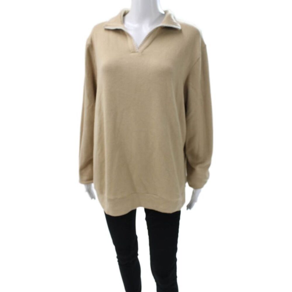 Muze Women Beige Wool Blend Collared Zip Pullover Sweatshirt Size XL